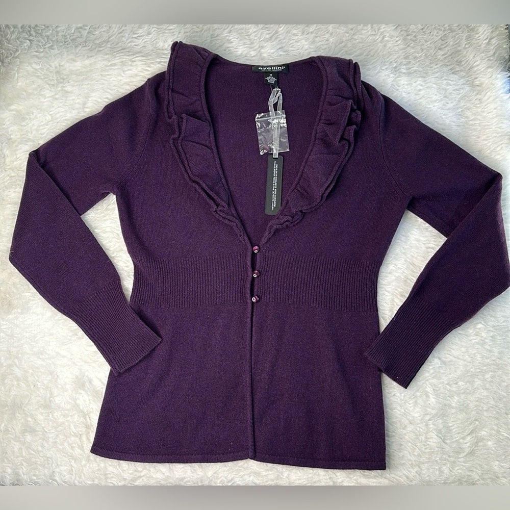 Avellini 100% Pure Cashmere V Neck Cardigan Purple With Frilled Collar Sz M